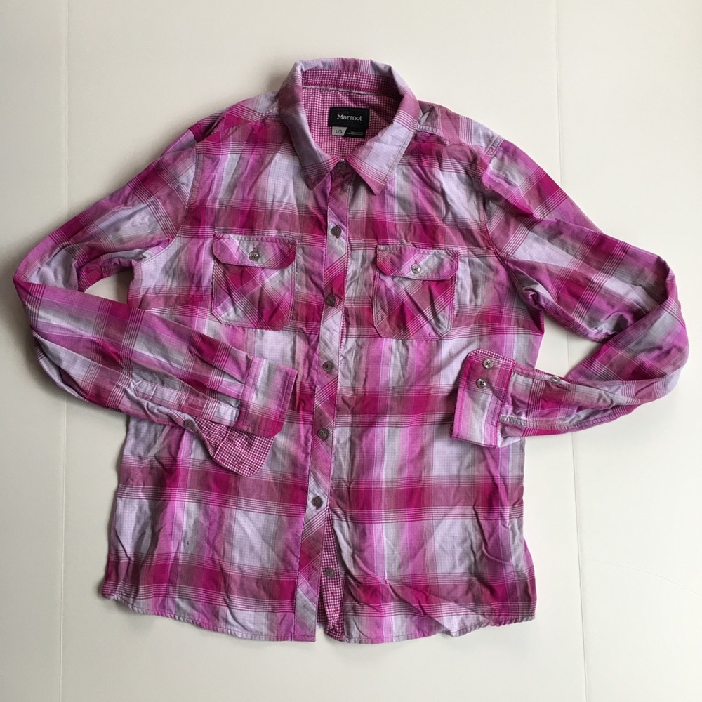 Marmot Women Size L Pink White Plaid Shirt